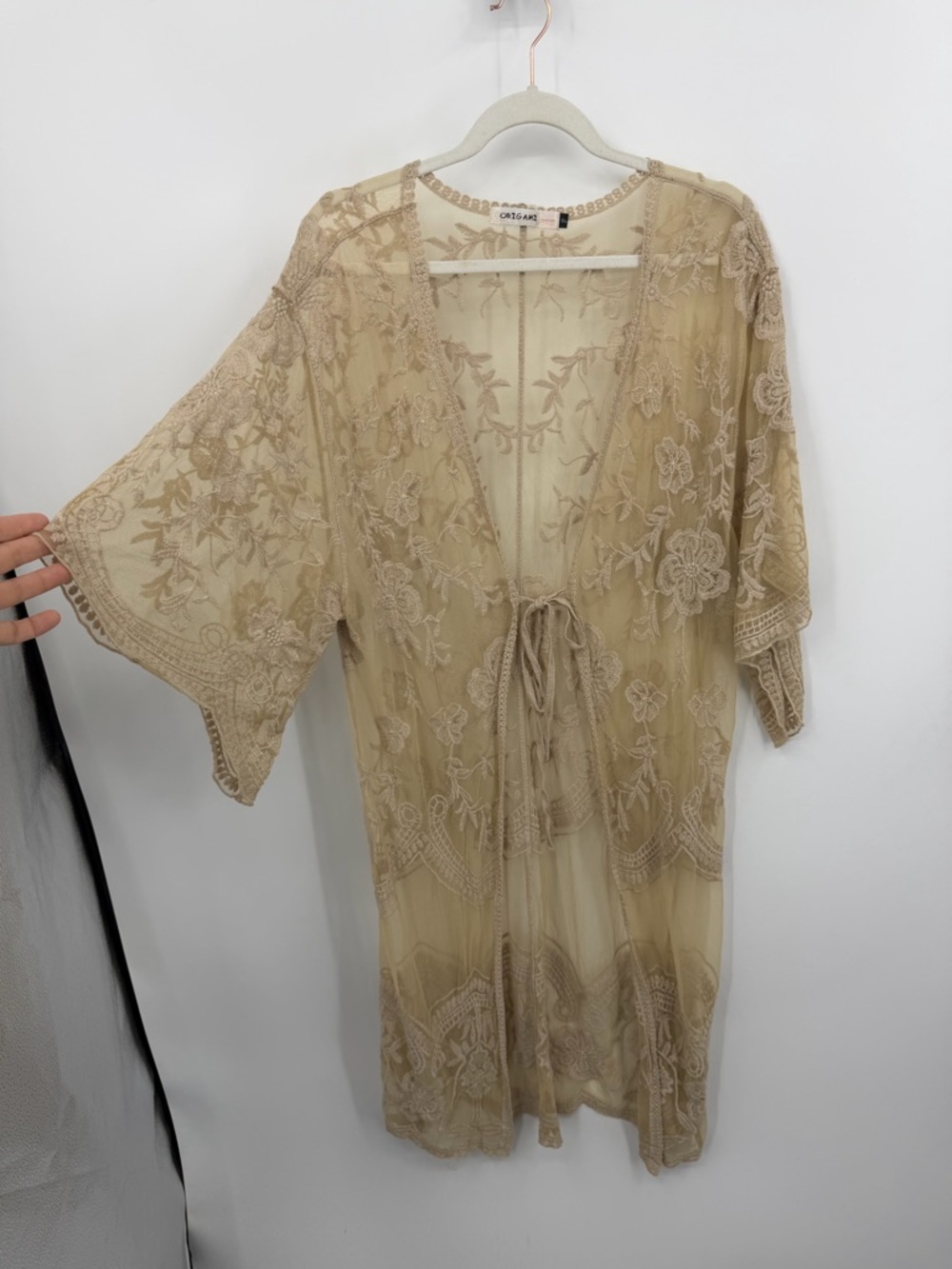 Origami by Vivien ivory beige Lace floral embroidered Kimono Duster F one size